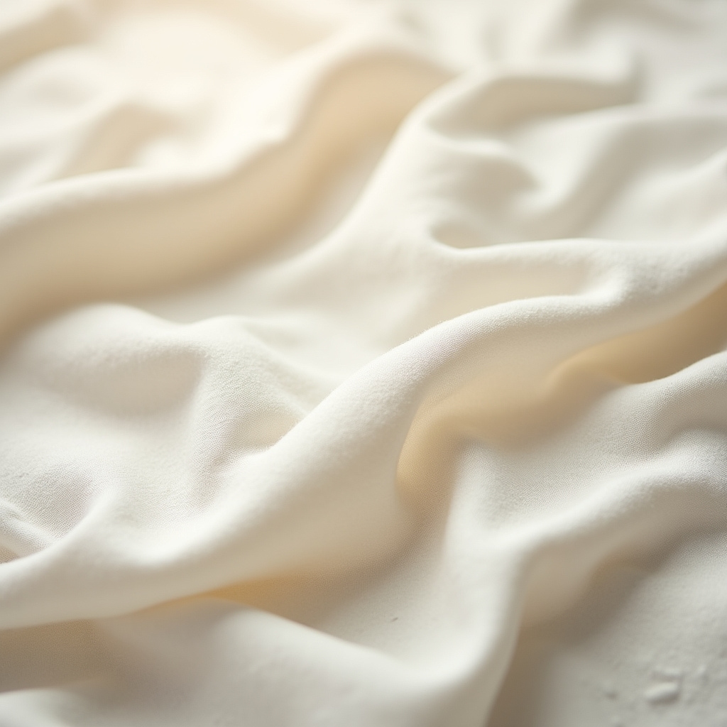 Close up texture of soft breathable cotton fabric in warm white tone