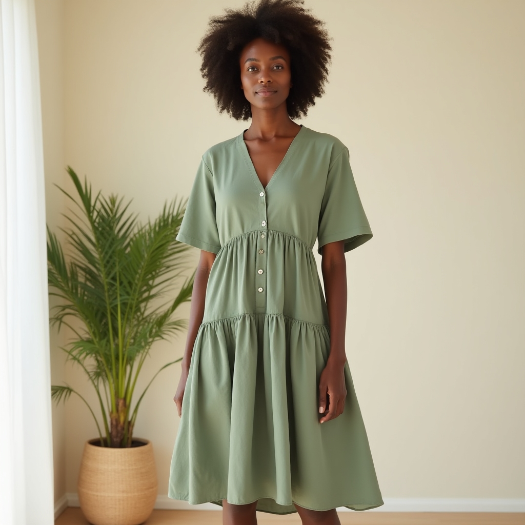 Sage green cotton midi dress with short sleeves and relaxed bodice