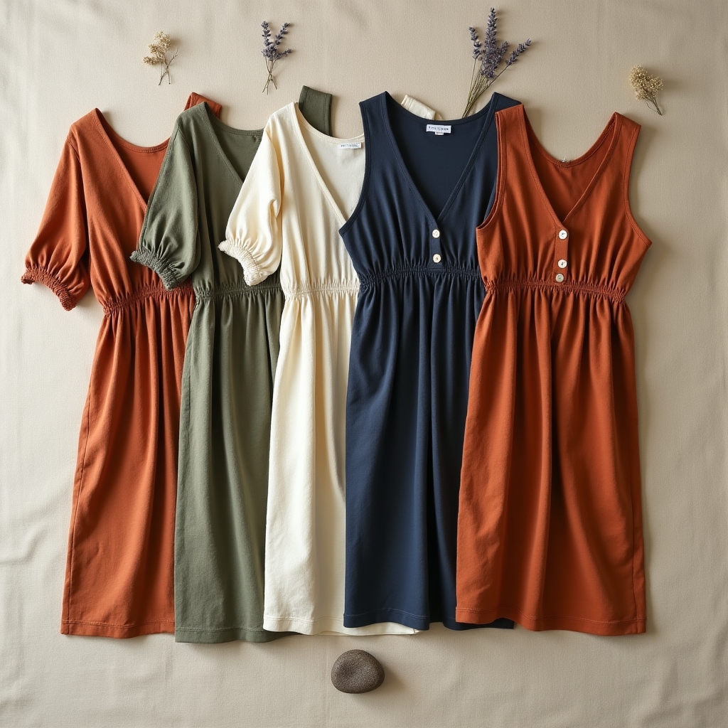 Flat lay of multiple casual dresses in natural fabrics arranged on a light surface