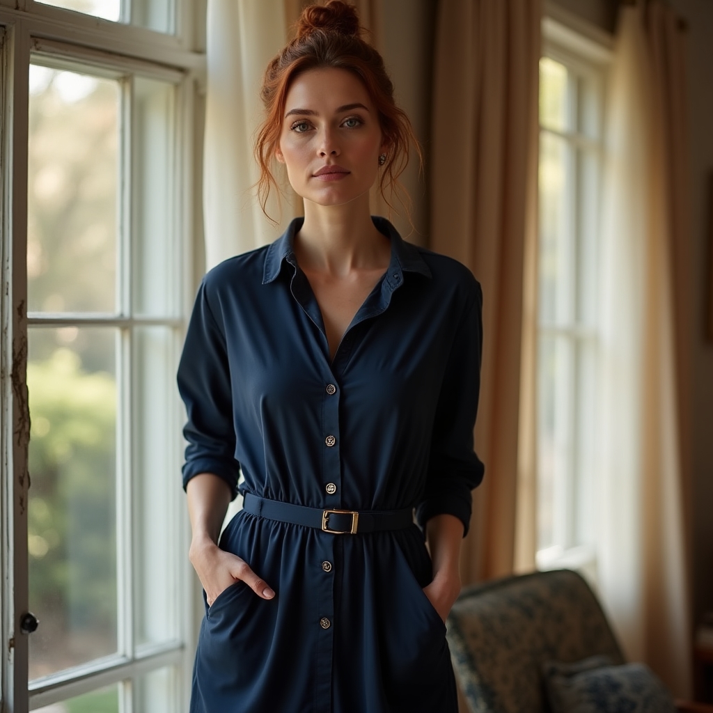 Navy soft jersey shirtdress with button front and belted waist