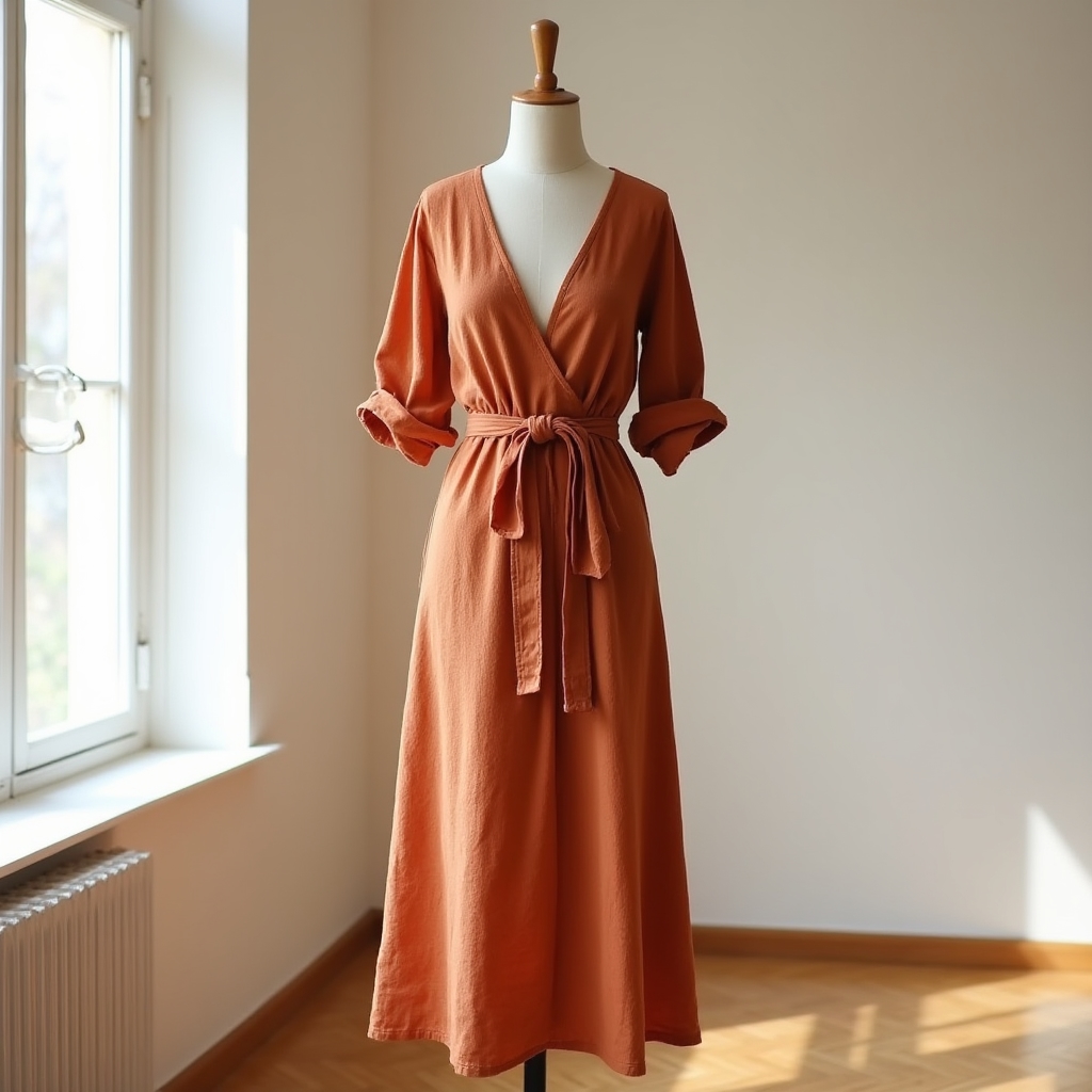 Terracotta linen wrap dress with relaxed fit and tie waist