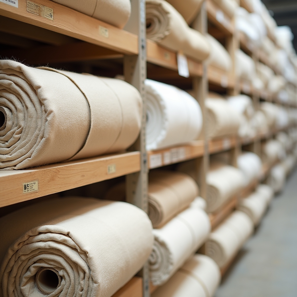 Rolls of natural cotton and linen fabric stacked in a bright, airy textile studio