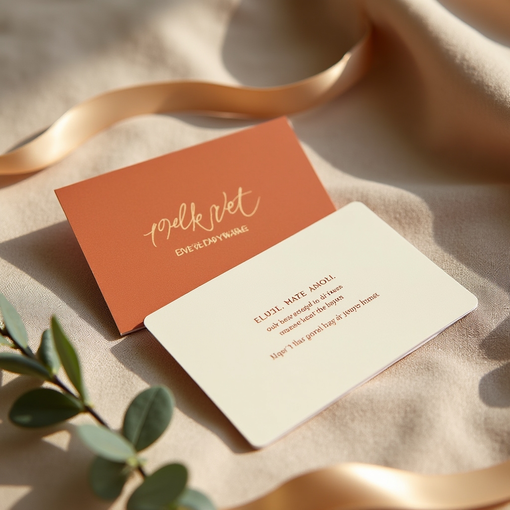 Velvet Dayware gift card displayed elegantly on a warm linen surface with a small ribbon