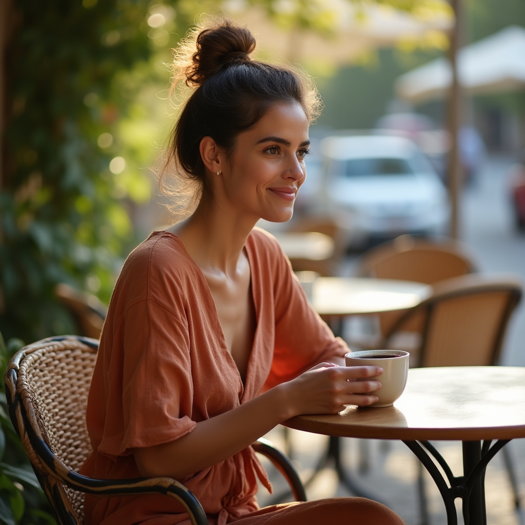 Woman in a relaxed casual dress sitting at an outdoor cafe table with coffee