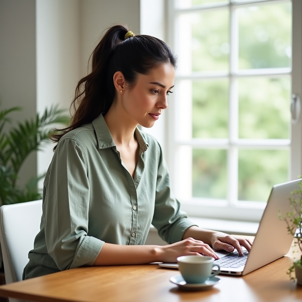 Woman in a sage cotton dress working at a bright home desk with natural light