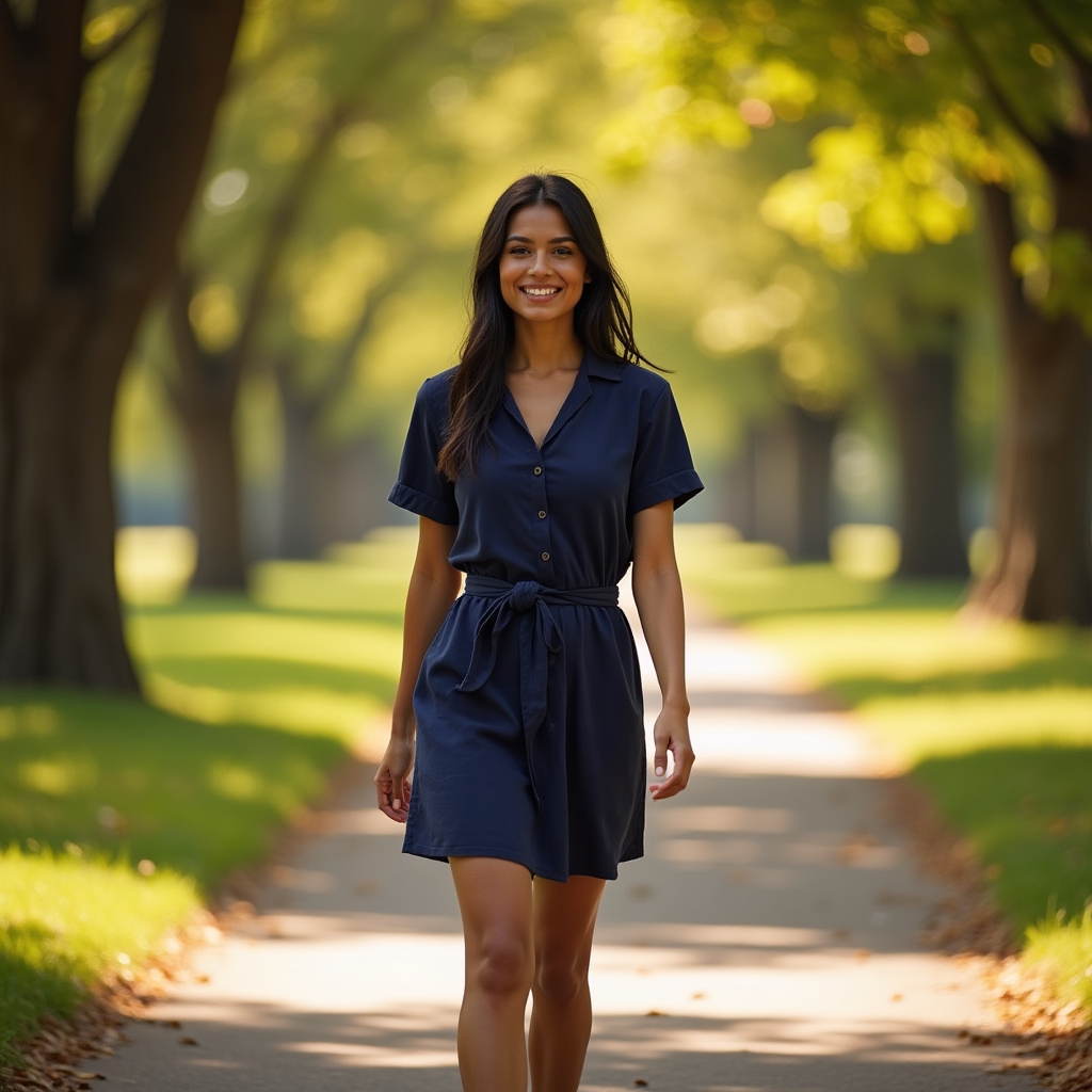Woman in a soft jersey dress walking through a leafy park path in afternoon light