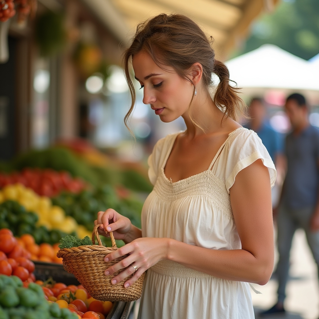 Woman in a cream linen dress browsing a farmers market stall on a sunny day