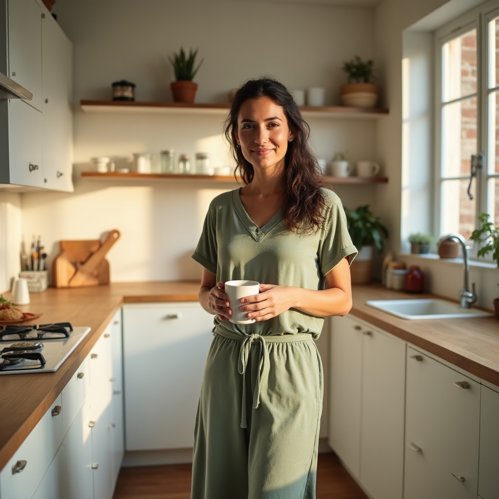 Woman in a relaxed linen dress preparing for her day at home